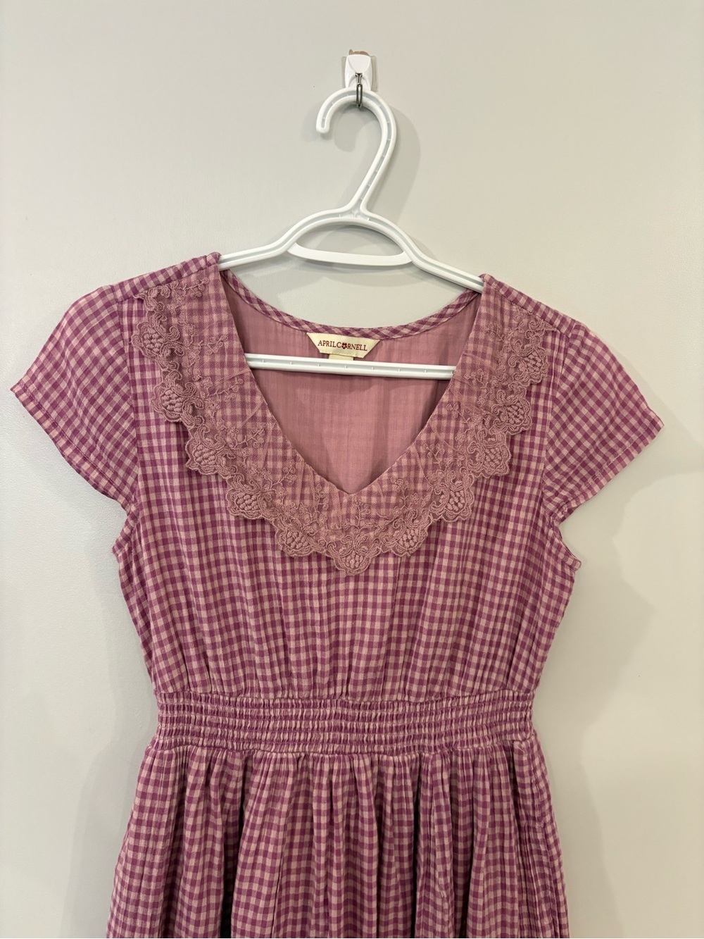 Vintage April Cornell midi dress gingham cotton sweetheart neckline lace detail - Picture 5 of 15